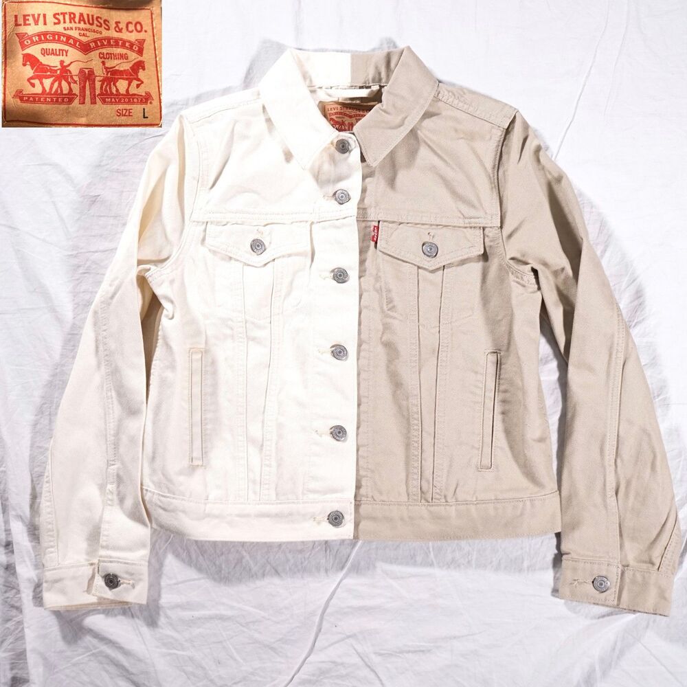 Levi's Original Two Tone Colorblock Trucker Jacket Cream Khaki Girls Large